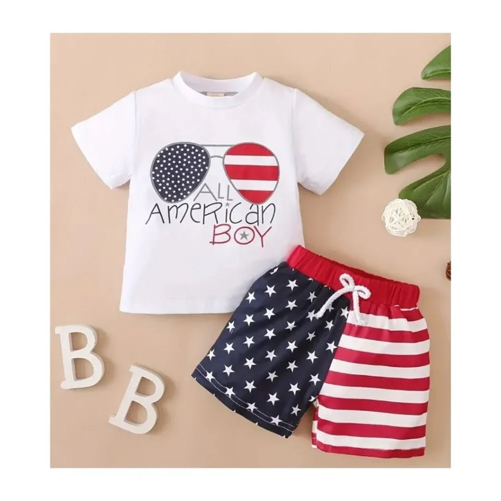 2pcs Baby Boys Patriotic All American Boy T-Shirt and Shorts Sizes: 3-6M to 18-2 - Picture 1 of 5